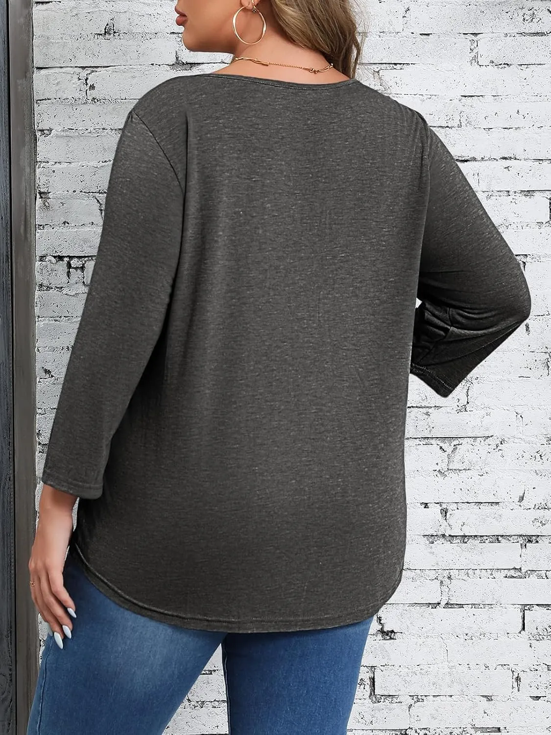 Beautife Womens Plus Size T-Shirts V Neck 3/4 Sleeve Tops Fall Henley Shirts Casual Basic Loose Fit Blouses