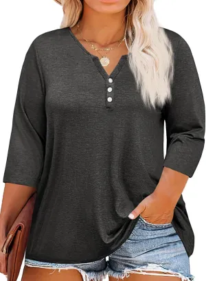 Beautife Womens Plus Size T-Shirts V Neck 3/4 Sleeve Tops Fall Henley Shirts Casual Basic Loose Fit Blouses