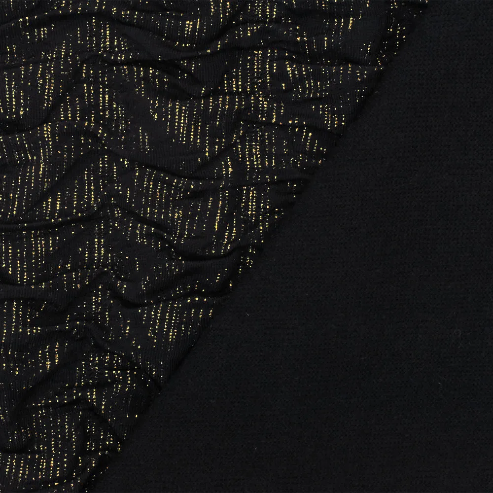 Black-Gold Texture Crinkle Metallic Print Stretch Double Knit Fabric