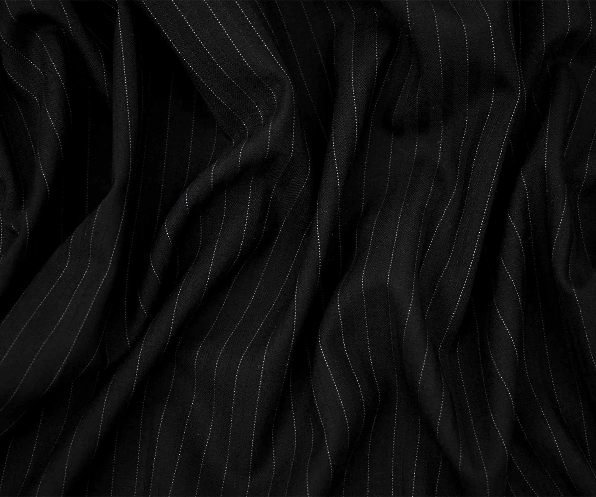 Black-Gray Wool-Polyester Pinstripe Herringbone Woven Shirting Fabric