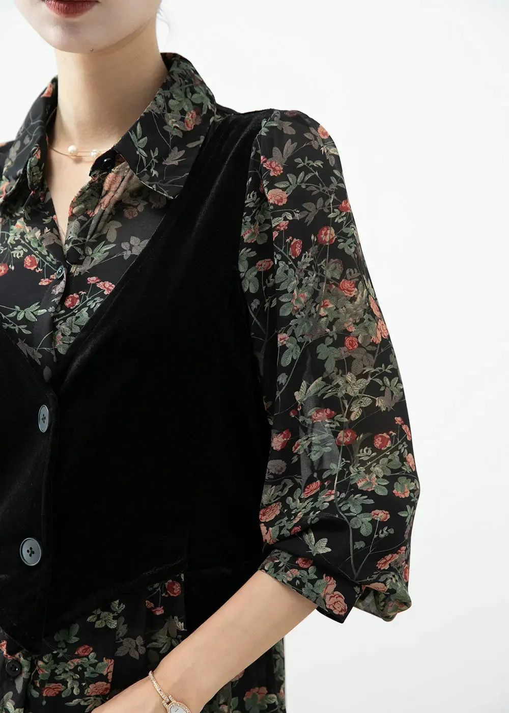 Black Print Patchwork Silk Velour Blouses