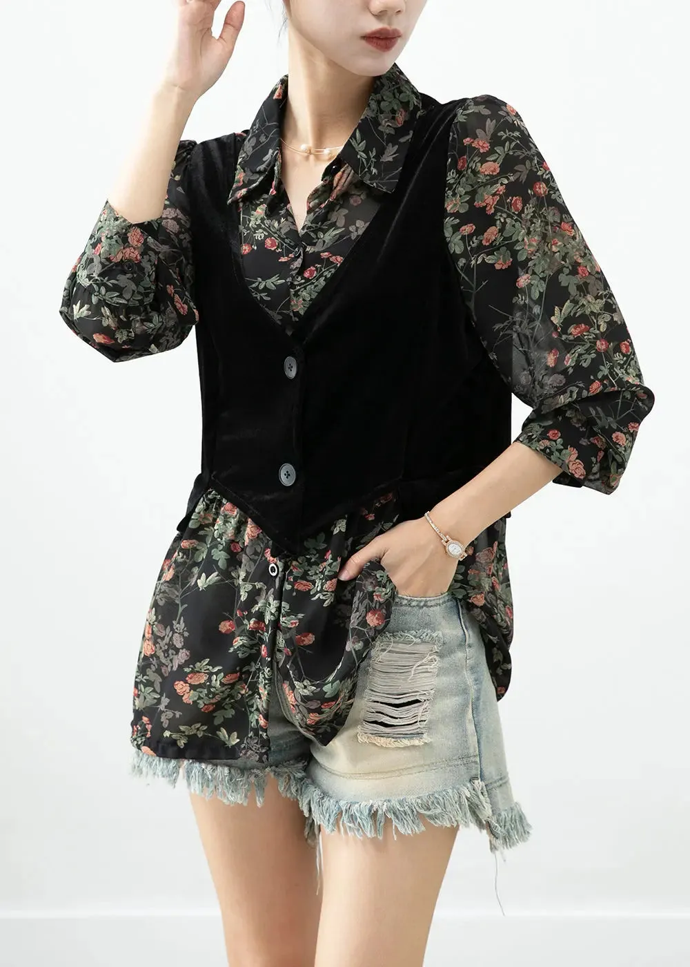 Black Print Patchwork Silk Velour Blouses