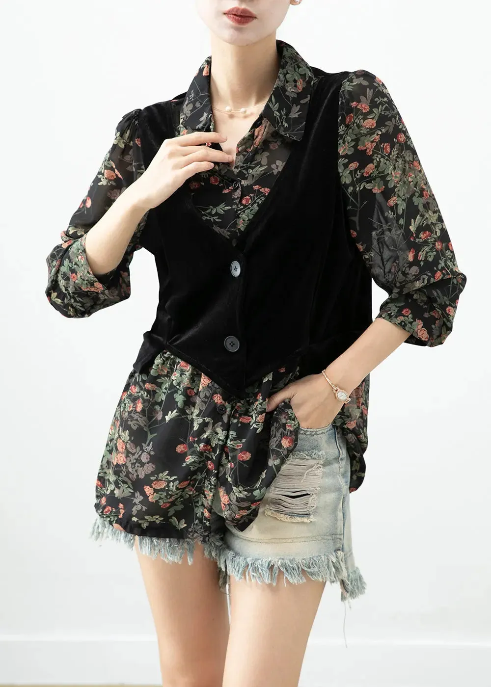 Black Print Patchwork Silk Velour Blouses