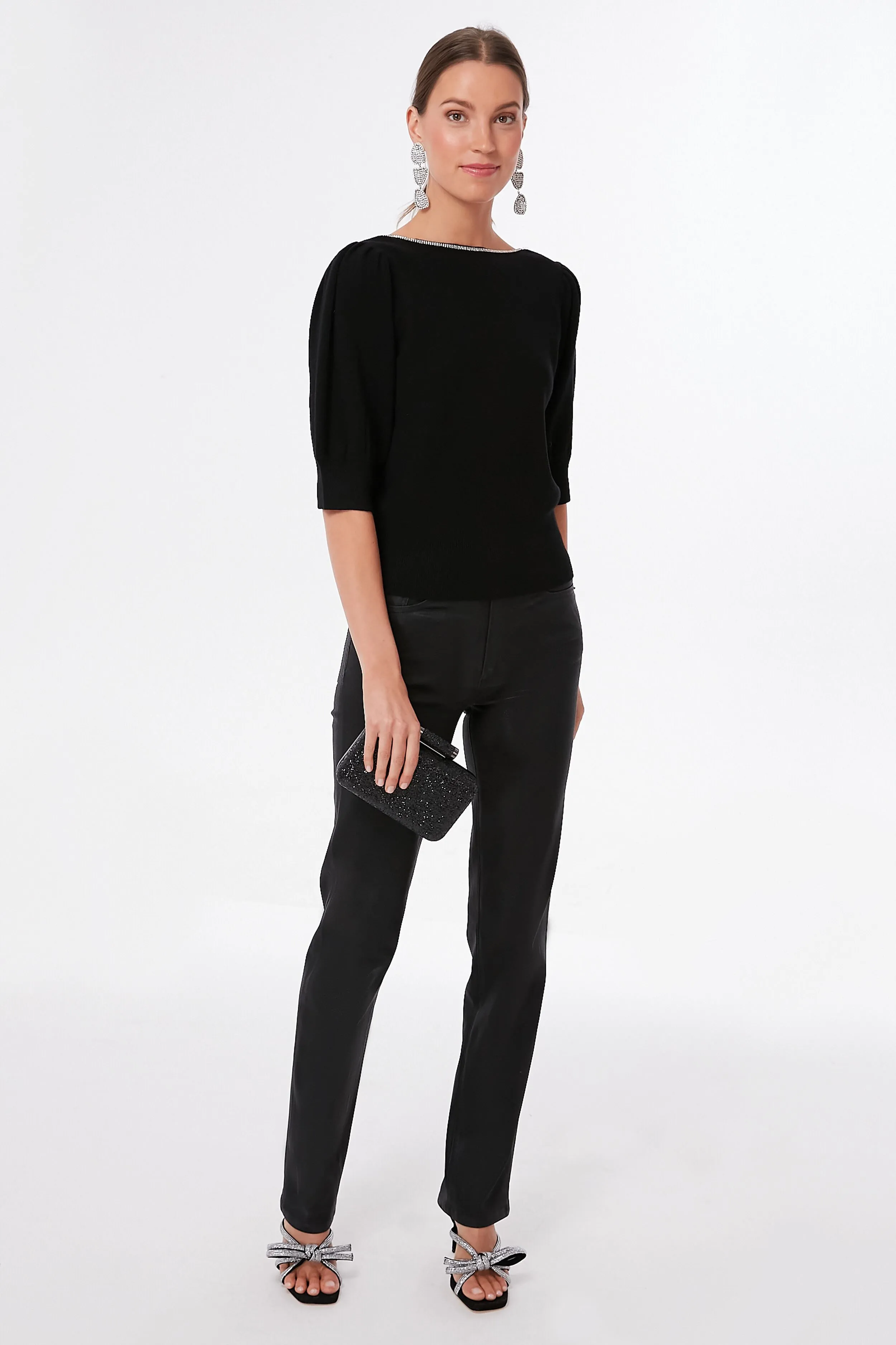 Black Rhinestone Edged Boatneck Sweater