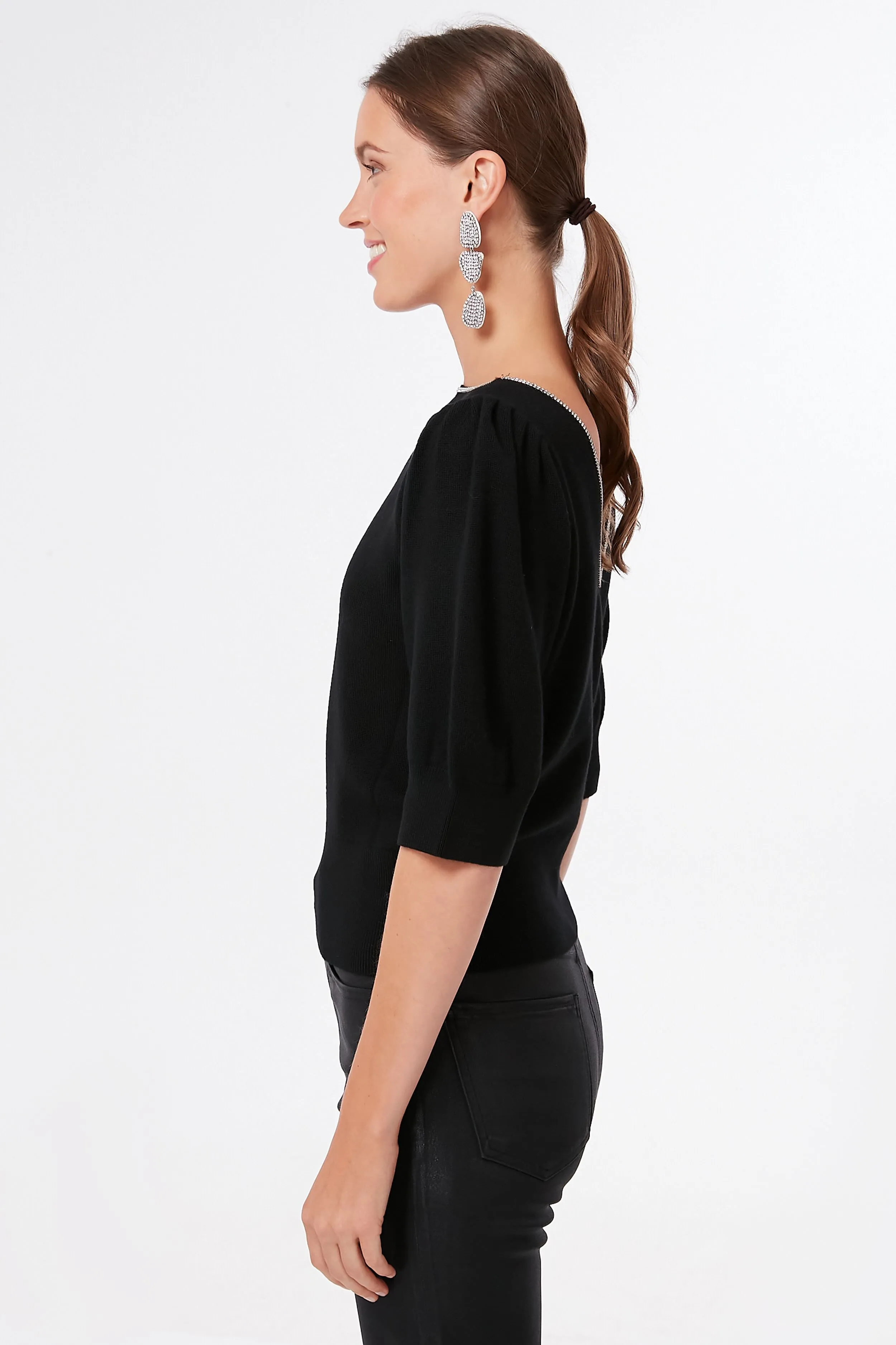 Black Rhinestone Edged Boatneck Sweater