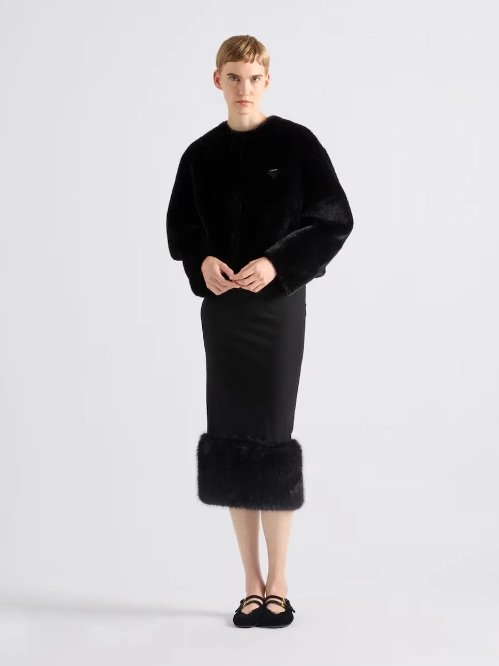 Black Stretch Jersey Skirt with Fur Trim