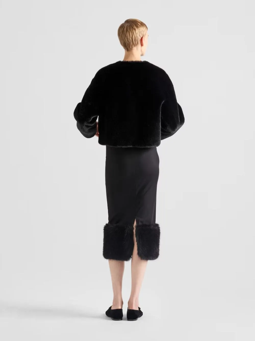 Black Stretch Jersey Skirt with Fur Trim