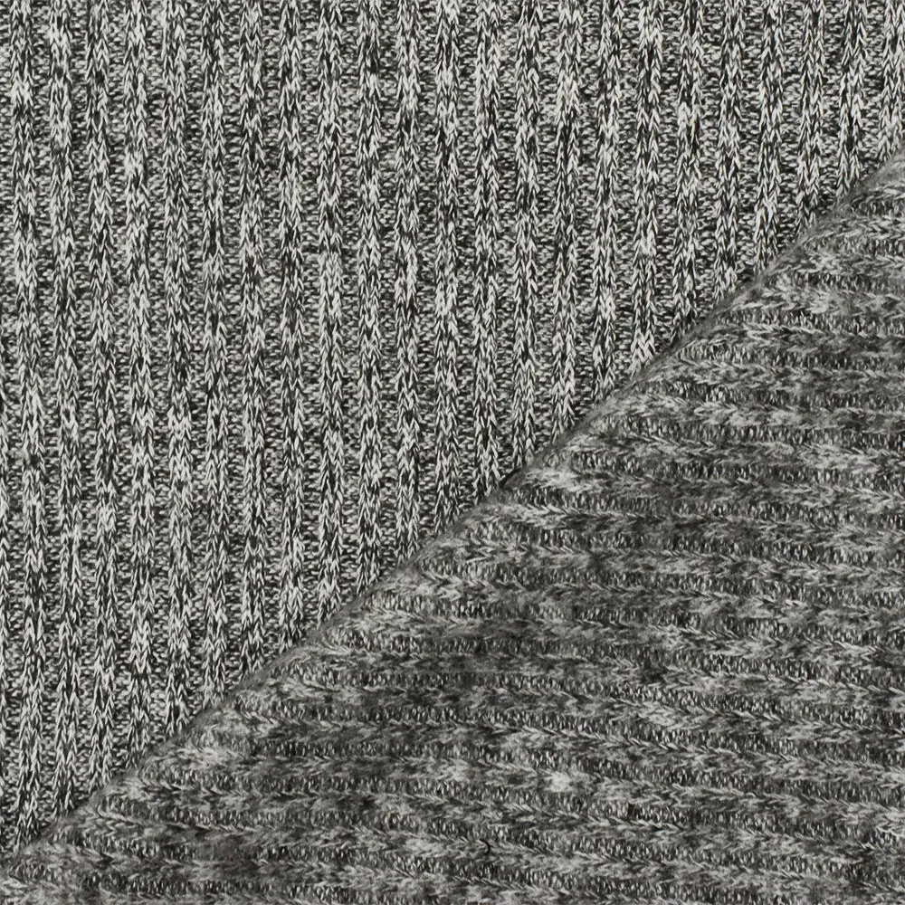 Black-White Texture Stretch Poly Blend Brushed Back 2X2 Rib Knit Fabric