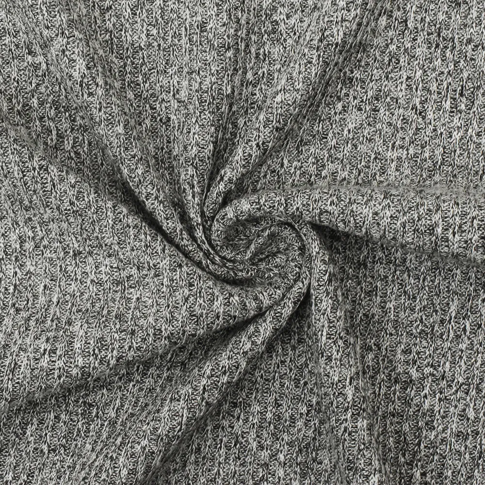 Black-White Texture Stretch Poly Blend Brushed Back 2X2 Rib Knit Fabric