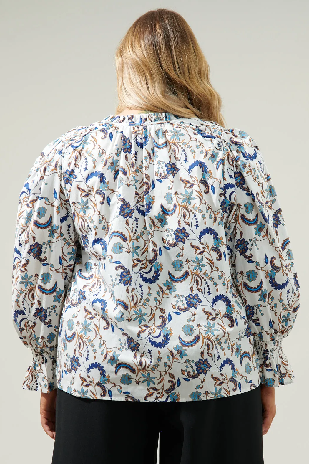Blanche Floral Russo Pleated Long Sleeve Blouse Curve