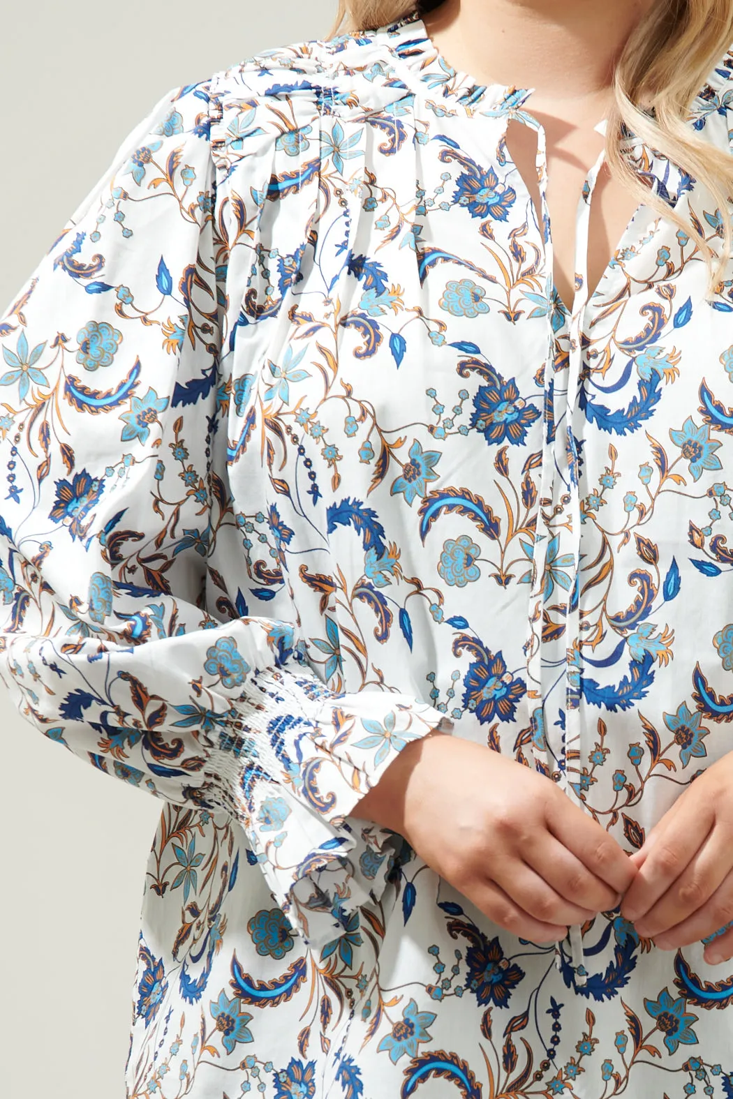 Blanche Floral Russo Pleated Long Sleeve Blouse Curve