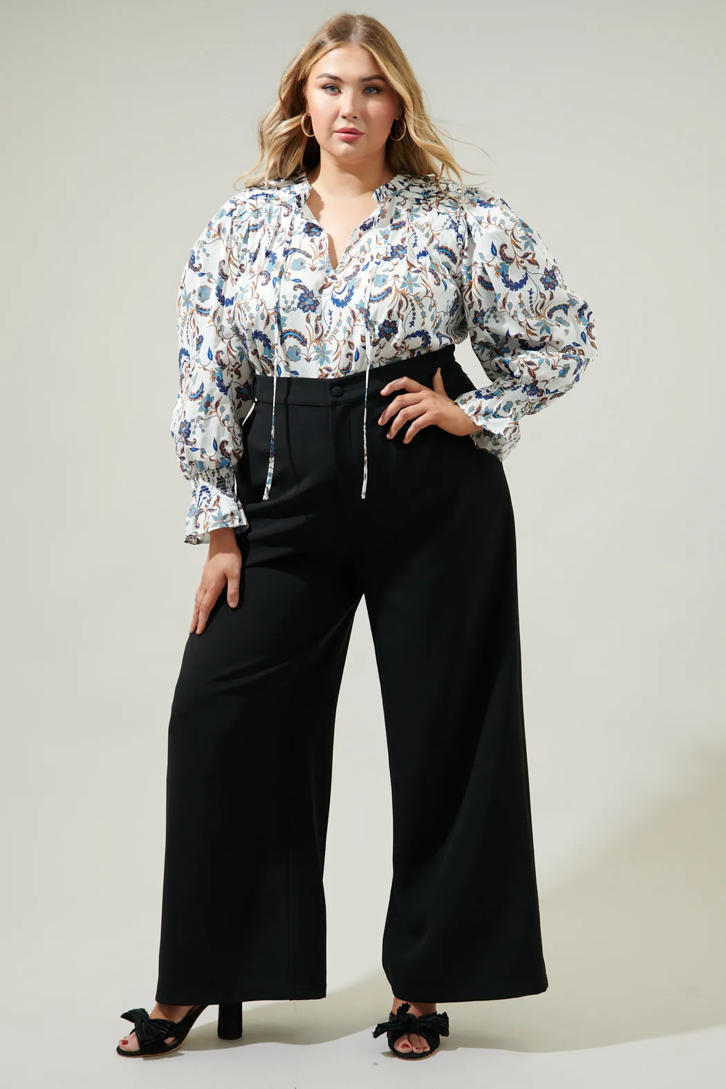 Blanche Floral Russo Pleated Long Sleeve Blouse Curve