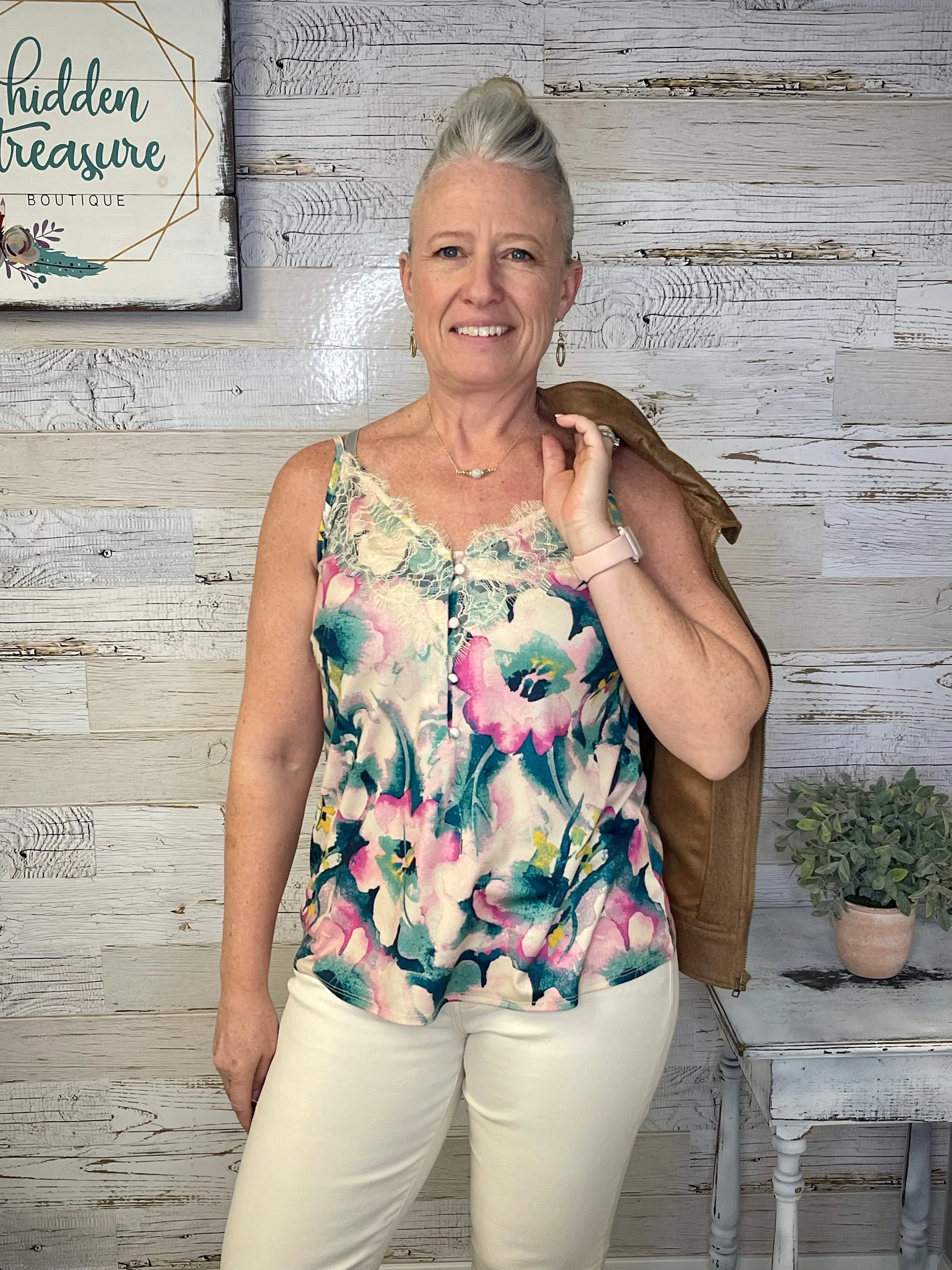 Button Lace Trim Cami - Watercolor