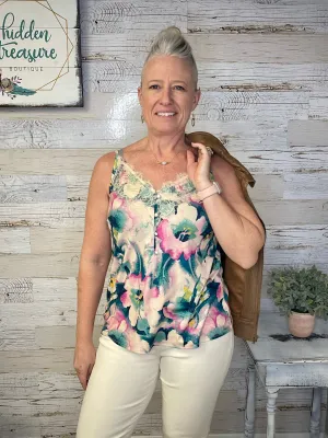 Button Lace Trim Cami - Watercolor