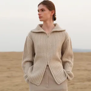 Comfy Oatmeal Wool Blend Folded Collar Two Way Zip Rib Knit Cardigan