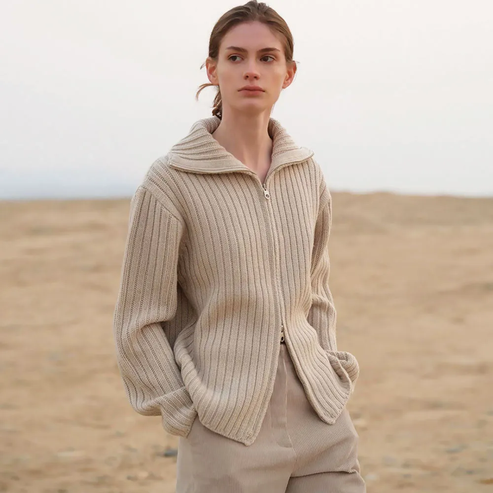 Comfy Oatmeal Wool Blend Folded Collar Two Way Zip Rib Knit Cardigan