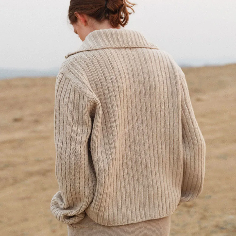 Comfy Oatmeal Wool Blend Folded Collar Two Way Zip Rib Knit Cardigan