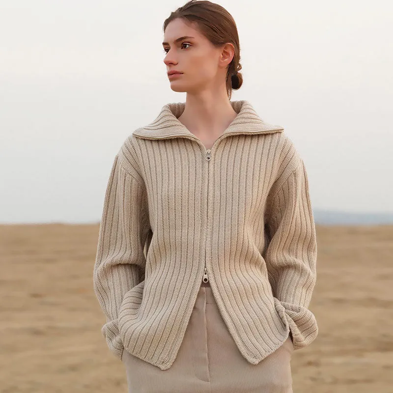 Comfy Oatmeal Wool Blend Folded Collar Two Way Zip Rib Knit Cardigan