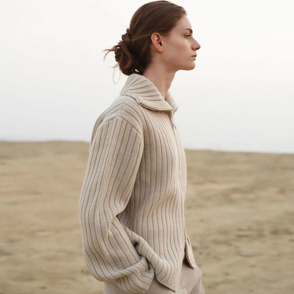 Comfy Oatmeal Wool Blend Folded Collar Two Way Zip Rib Knit Cardigan