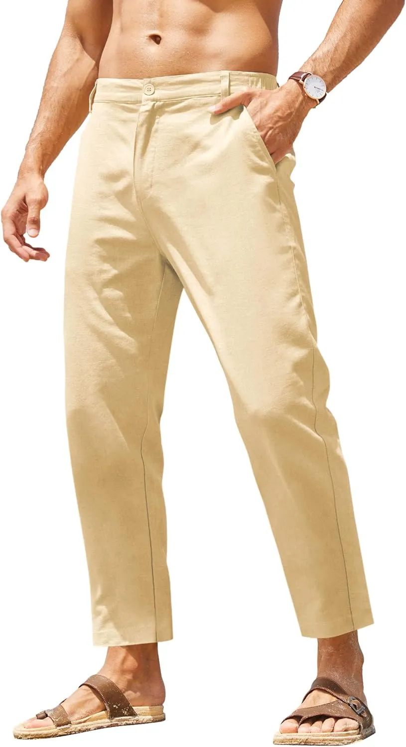 COOFANDY Men's Cotton Linen Pants Elastic Waist Lightweight Casual Pants Relaxed Fit Yoga Beach Pants with Pockets