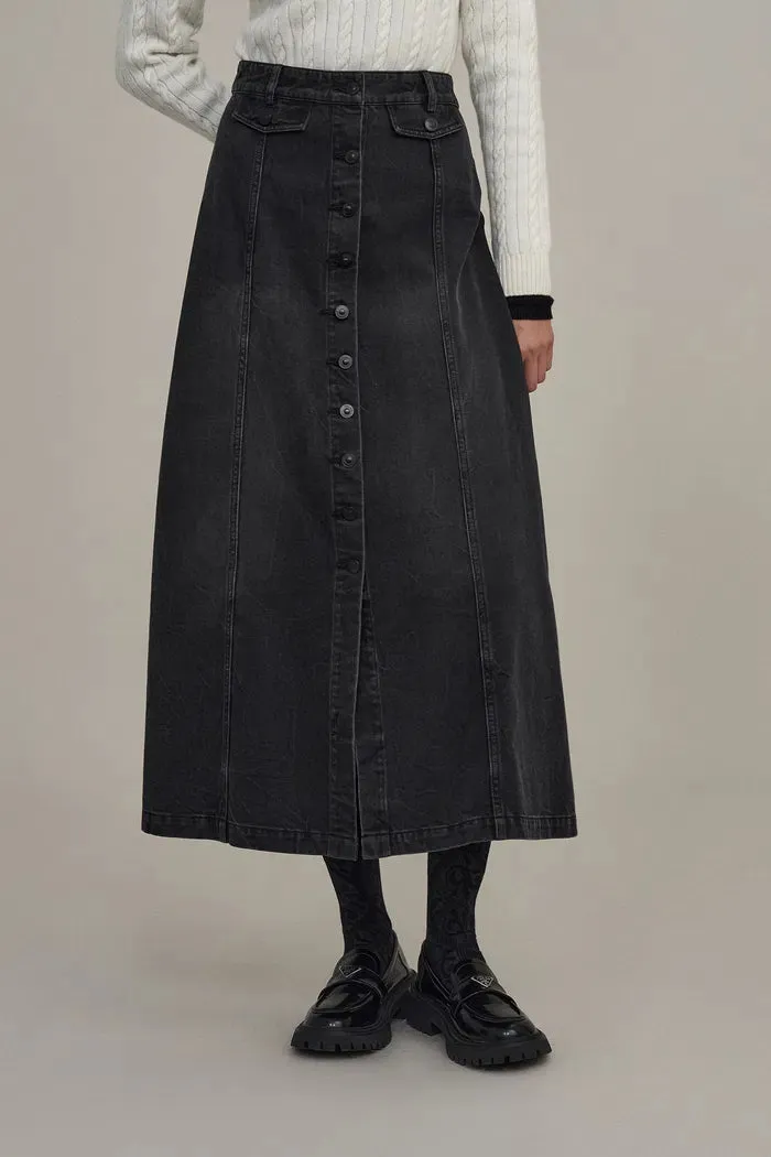 Corrine Midi Skirt in Washed Cotton Denim