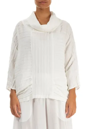 Cowl Neck Crinkled Off White Silk Linen Blouse