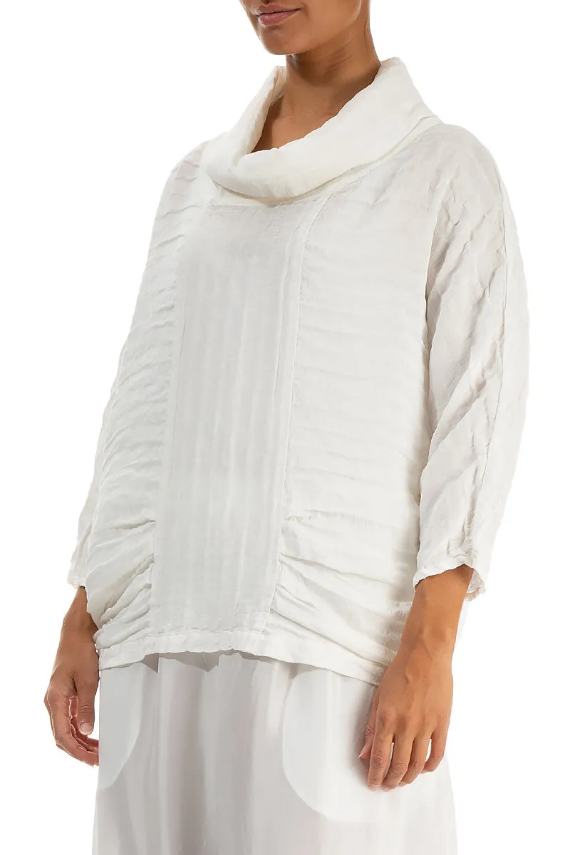 Cowl Neck Crinkled Off White Silk Linen Blouse