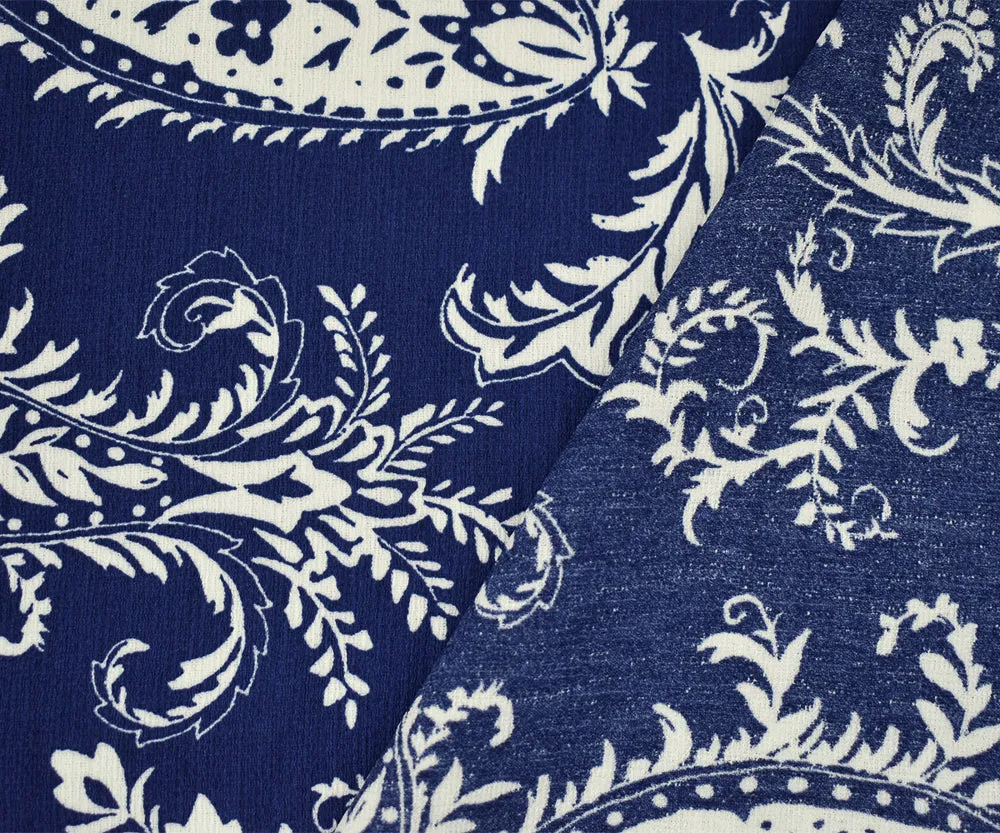 Deep Blue-White Paisley Printed Poly Slub Momie Crepe Woven Fabric