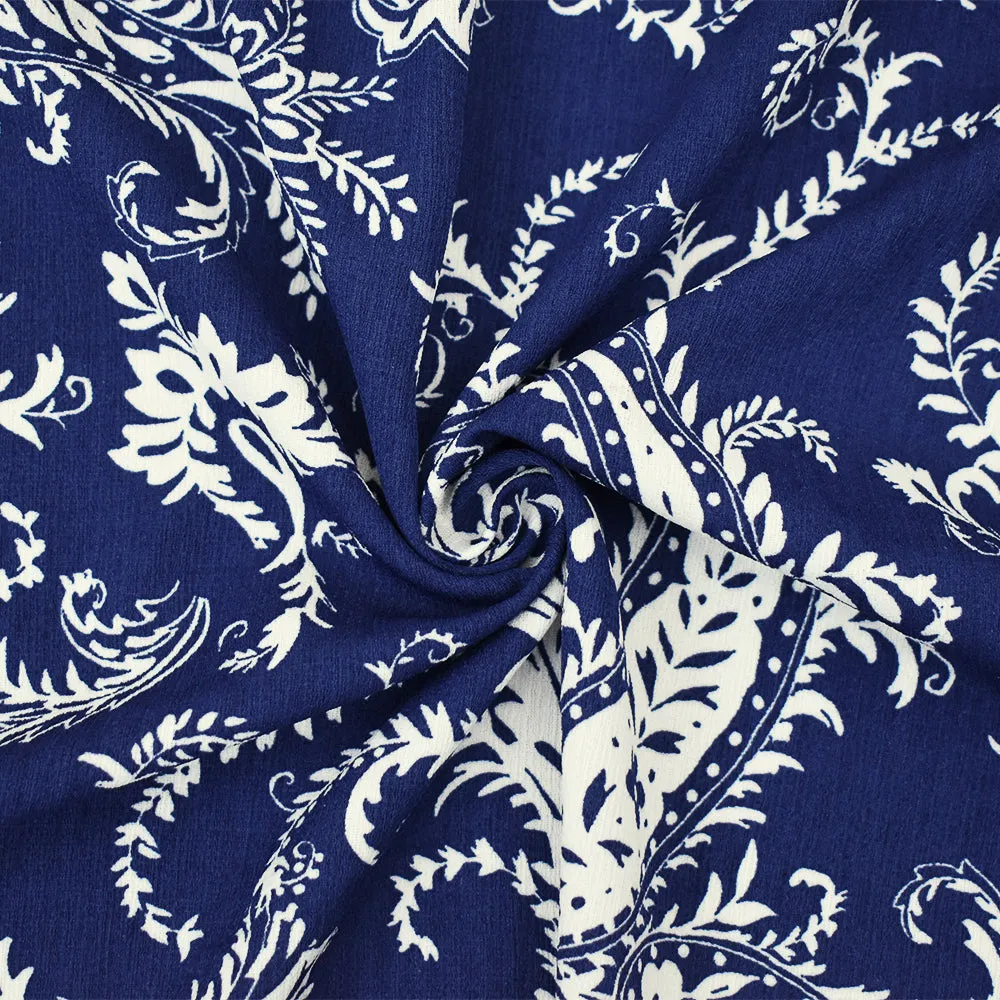 Deep Blue-White Paisley Printed Poly Slub Momie Crepe Woven Fabric
