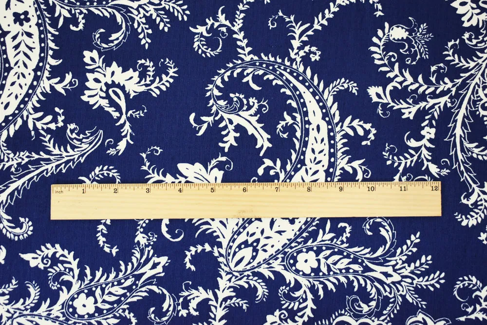 Deep Blue-White Paisley Printed Poly Slub Momie Crepe Woven Fabric