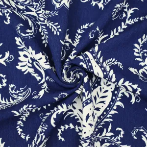 Deep Blue-White Paisley Printed Poly Slub Momie Crepe Woven Fabric