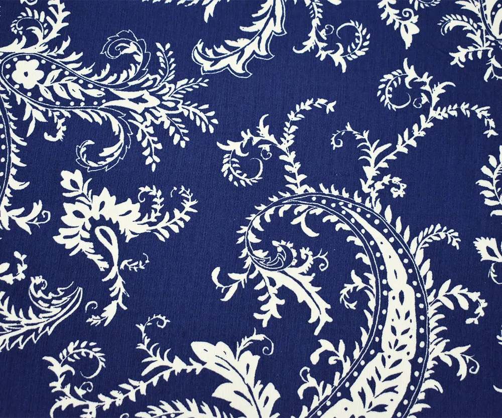 Deep Blue-White Paisley Printed Poly Slub Momie Crepe Woven Fabric
