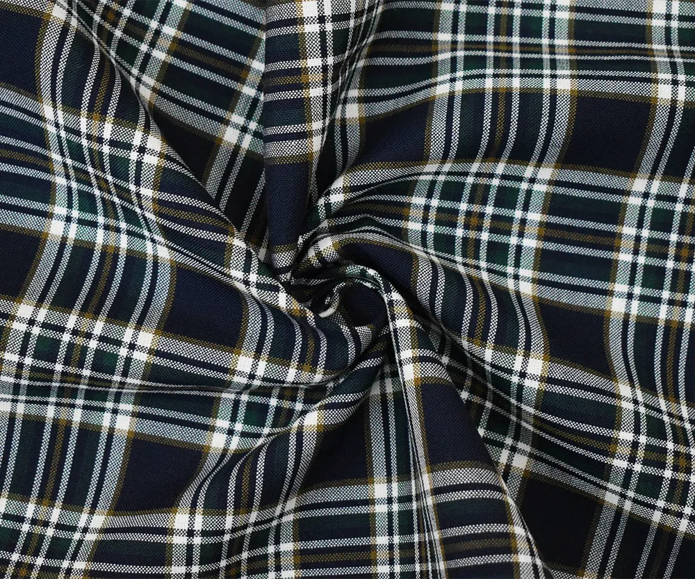 Deep Navy-Green-Multi Wool Polyester Plaid Shirting Woven Fabric