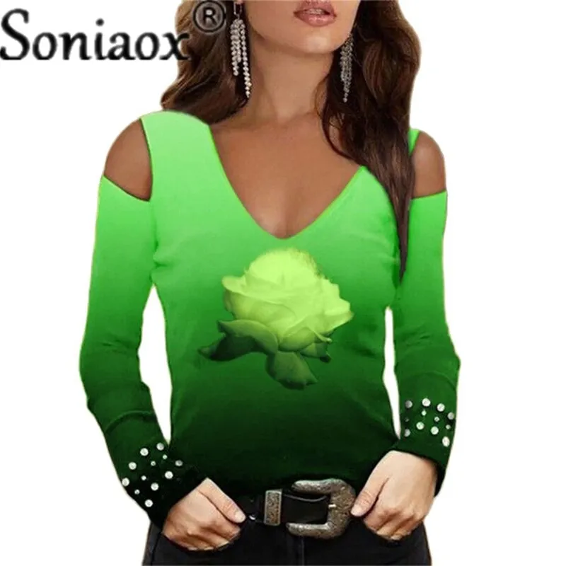 Fashion V-Neck Off-Shoulder Flower Print Top.