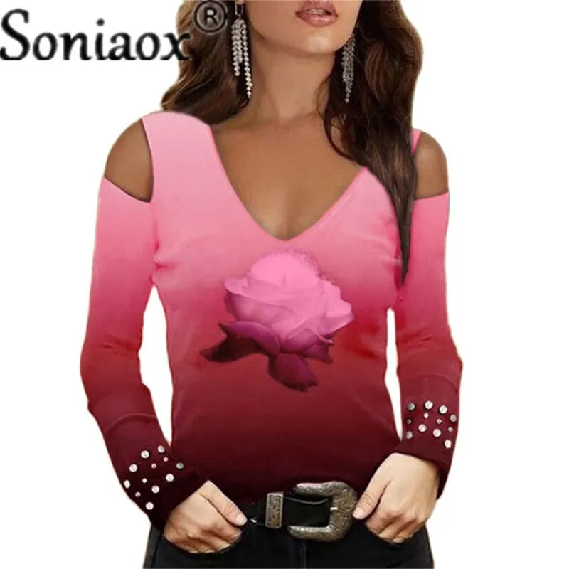 Fashion V-Neck Off-Shoulder Flower Print Top.