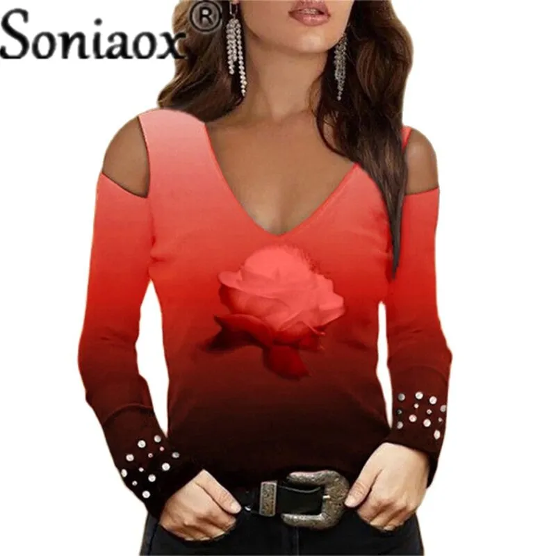 Fashion V-Neck Off-Shoulder Flower Print Top.
