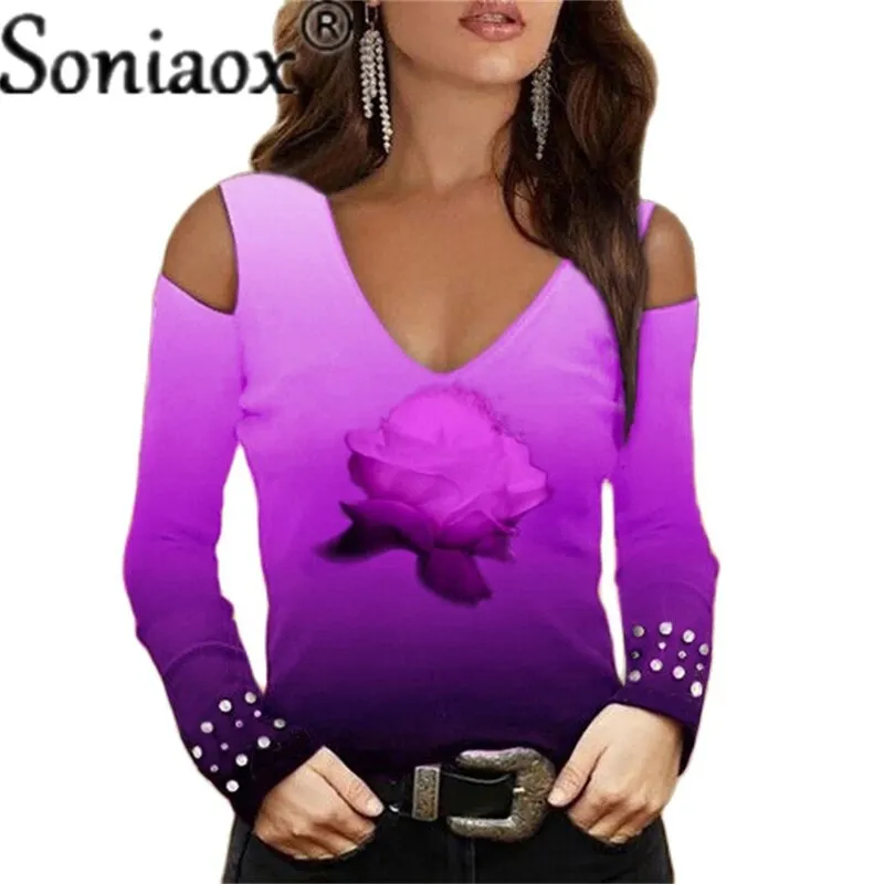 Fashion V-Neck Off-Shoulder Flower Print Top.