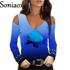 Fashion V-Neck Off-Shoulder Flower Print Top.