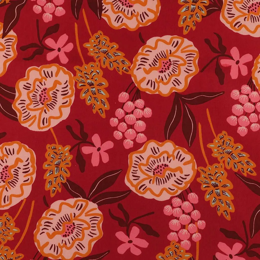 Fine Poplin - Bordeaux Fresh Flowers Cotton Woven Fabric by Nerida Hansen Sample