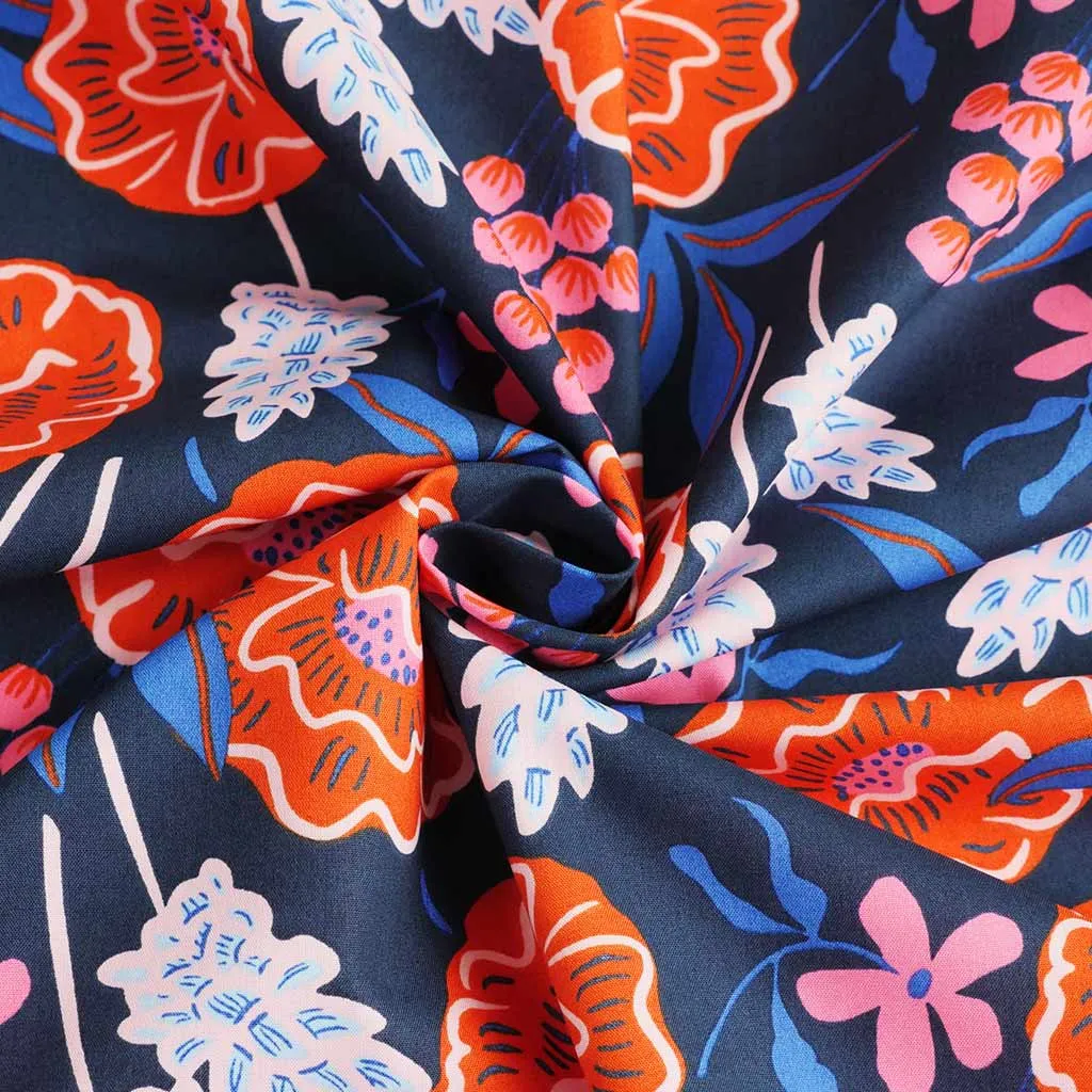 Fine Poplin - Navy Fresh Flowers Cotton Woven Fabric by Nerida Hansen Sample