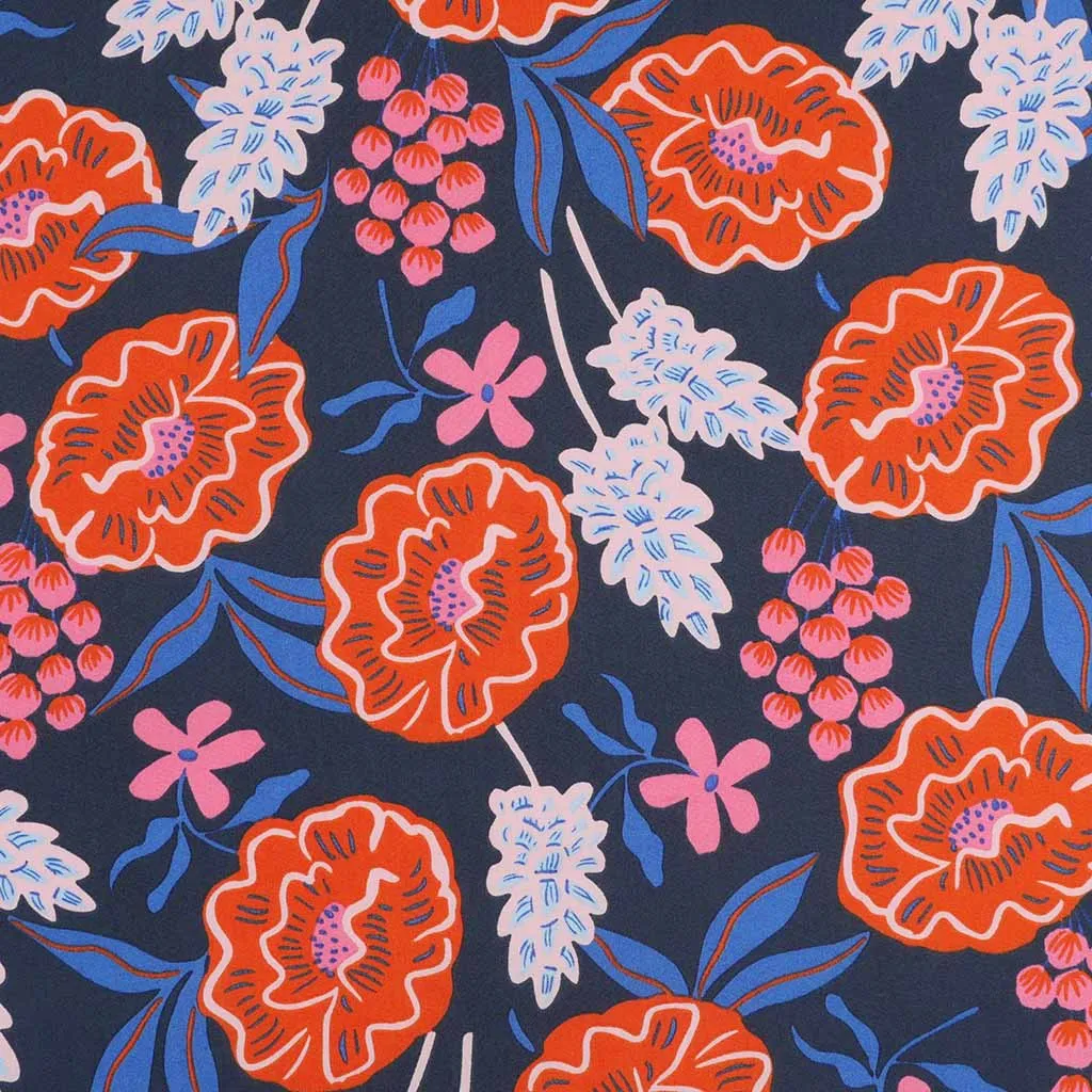 Fine Poplin - Navy Fresh Flowers Cotton Woven Fabric by Nerida Hansen Sample