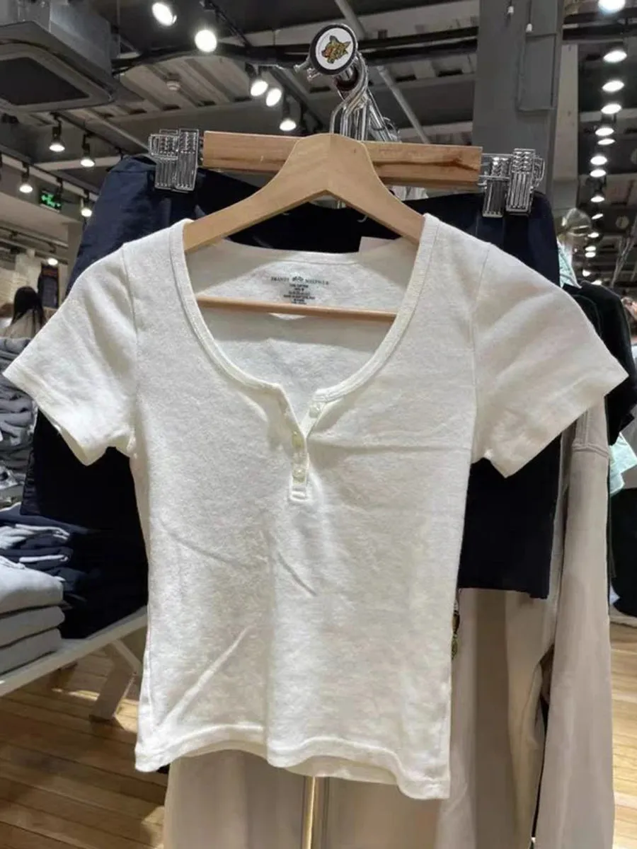 Girlary Three Buttons Slim T Shirt Women Summer Short Sleeve Round Neck Tee Shirt Femme Y2k Harajuku Casual Simple Cotton T-shirts