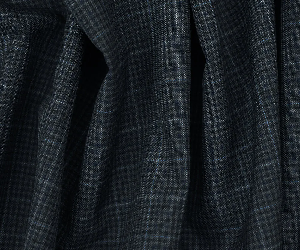 Gray-Black-Blue Poly-Wool Gingham Plaid Woven Shirting Fabric