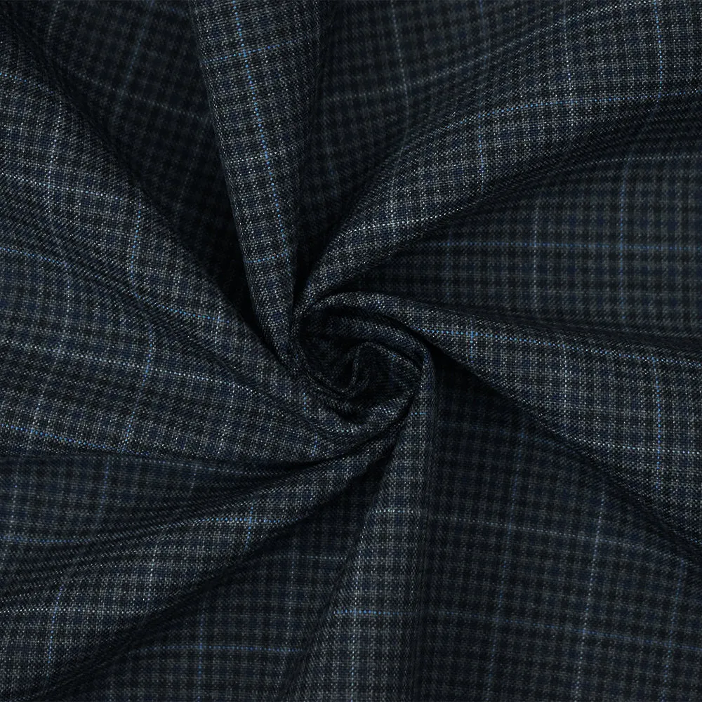 Gray-Black-Blue Poly-Wool Gingham Plaid Woven Shirting Fabric