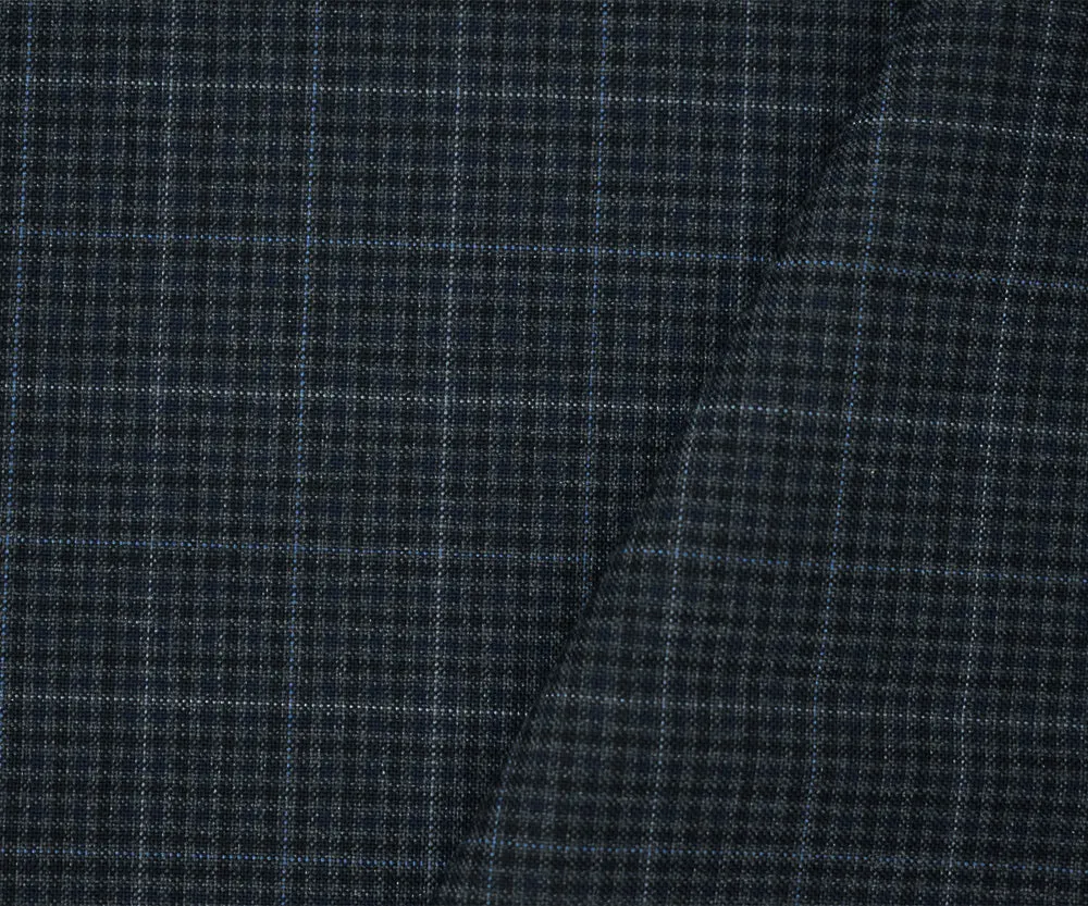 Gray-Black-Blue Poly-Wool Gingham Plaid Woven Shirting Fabric