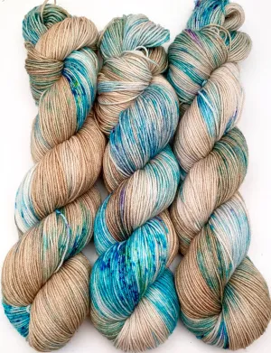 Hand Dyed Yarn "Glacial" Turquoise Teal Violet Blue Brown Tan Caramel Speckled Merino Nylon DK Superwash 248yds 100g