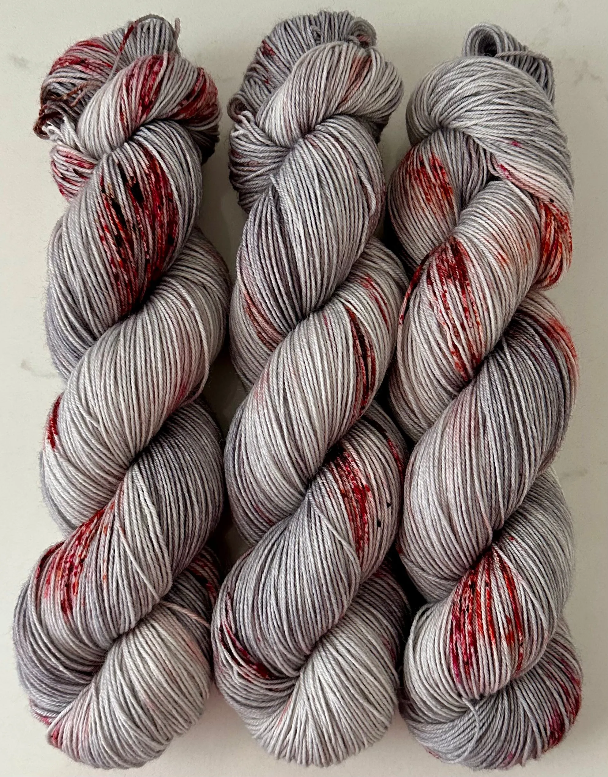 Hand Dyed Yarn "Splattered" Grey Silver Red Scarlet Wine Orange Chestnut Rust Speckled Merino Nylon DK Superwash 248yds 100g