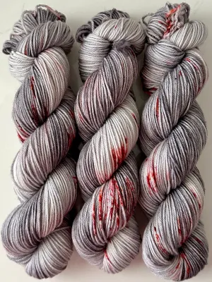 Hand Dyed Yarn "Splattered" Grey Silver Red Scarlet Wine Orange Chestnut Rust Speckled Merino Nylon DK Superwash 248yds 100g