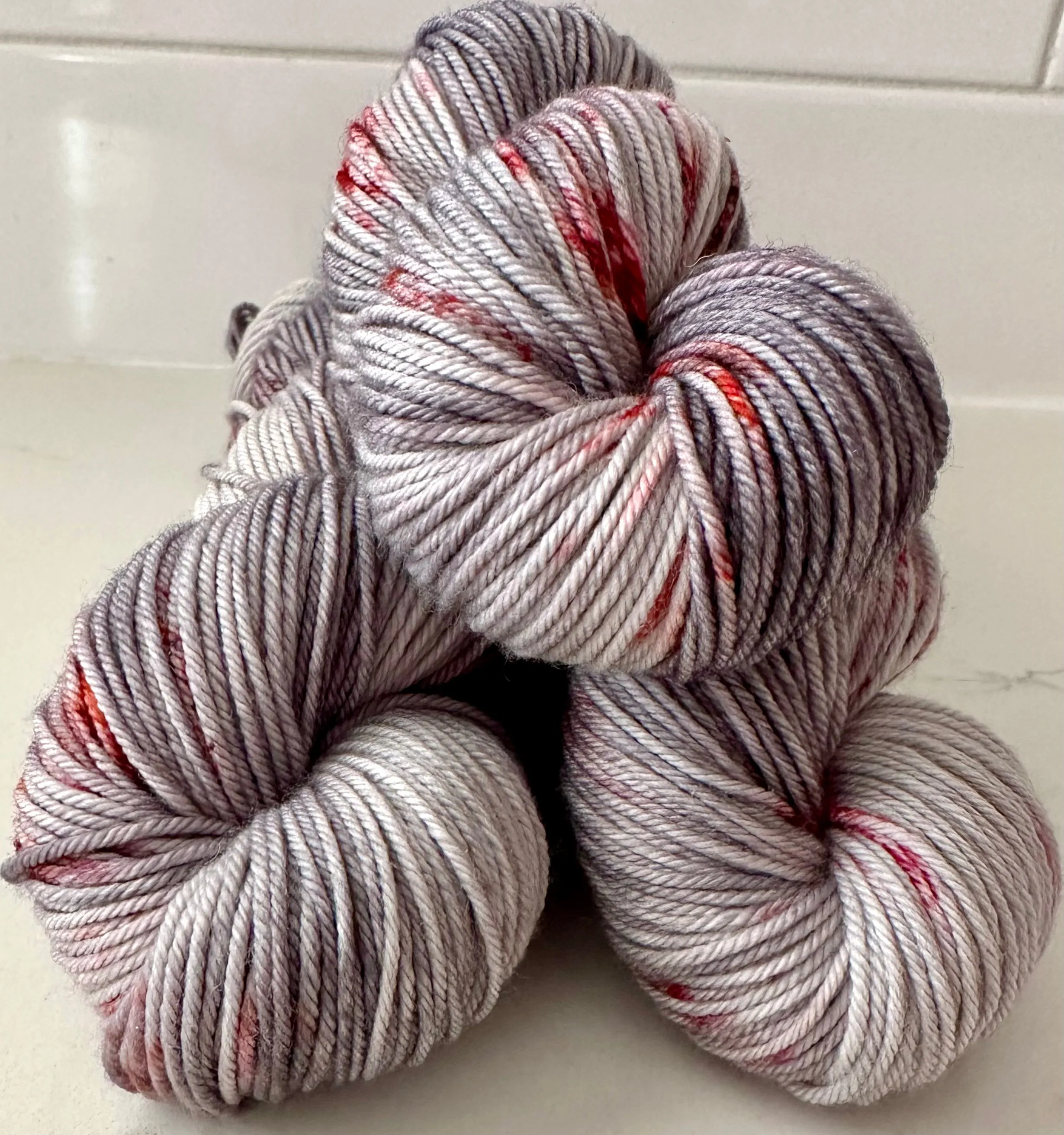 Hand Dyed Yarn "Splattered" Grey Silver Red Scarlet Wine Orange Chestnut Rust Speckled Merino Nylon DK Superwash 248yds 100g