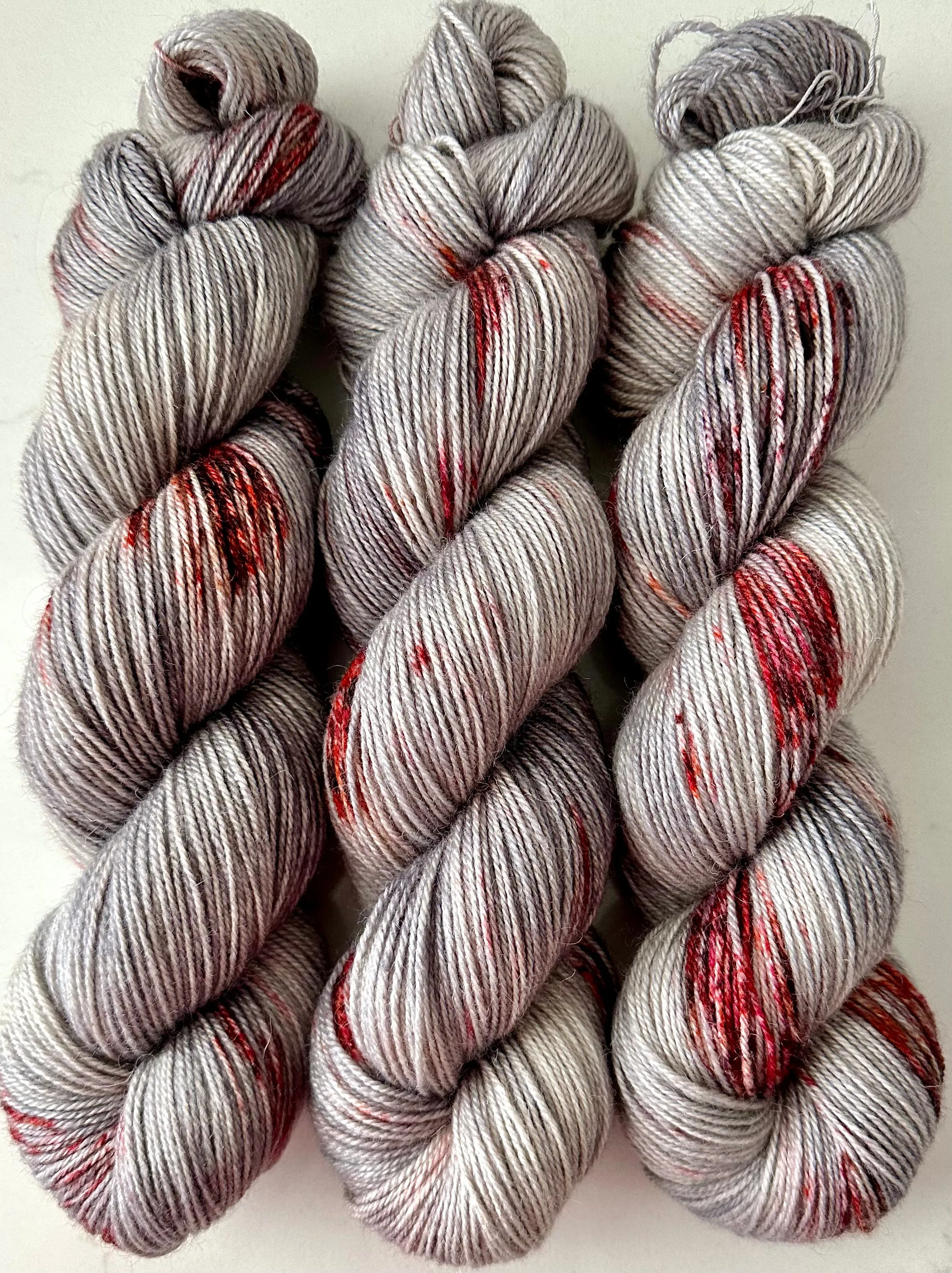 Hand Dyed Yarn "Splattered" Grey Silver Red Scarlet Wine Orange Chestnut Rust Speckled Merino Nylon DK Superwash 248yds 100g